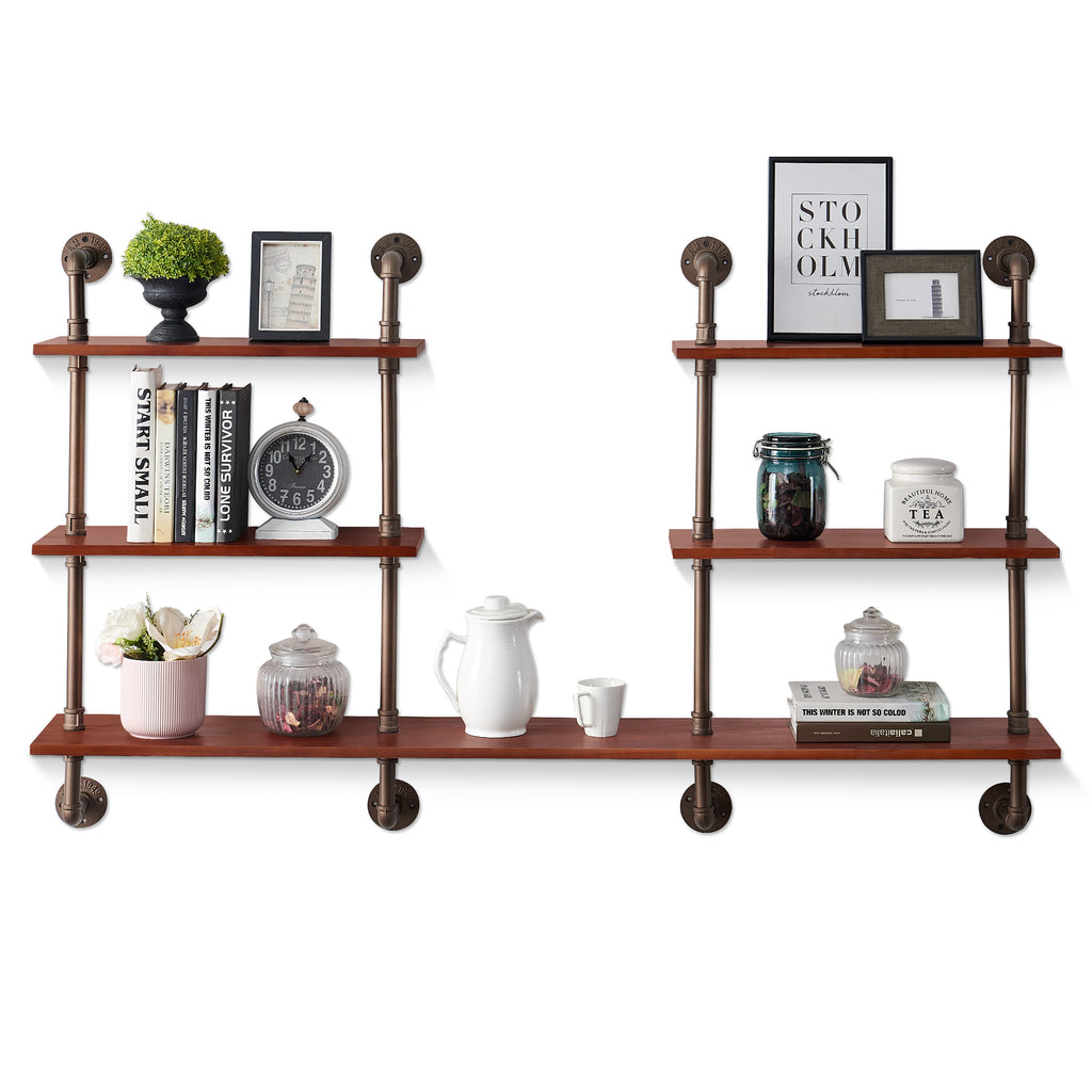 HOMCOM Industrial Pipe Style Shelf 3-Tier Wall-Mounted Utility Bookcase Floating Storage Rack with Metal Frame, Rustic Brown