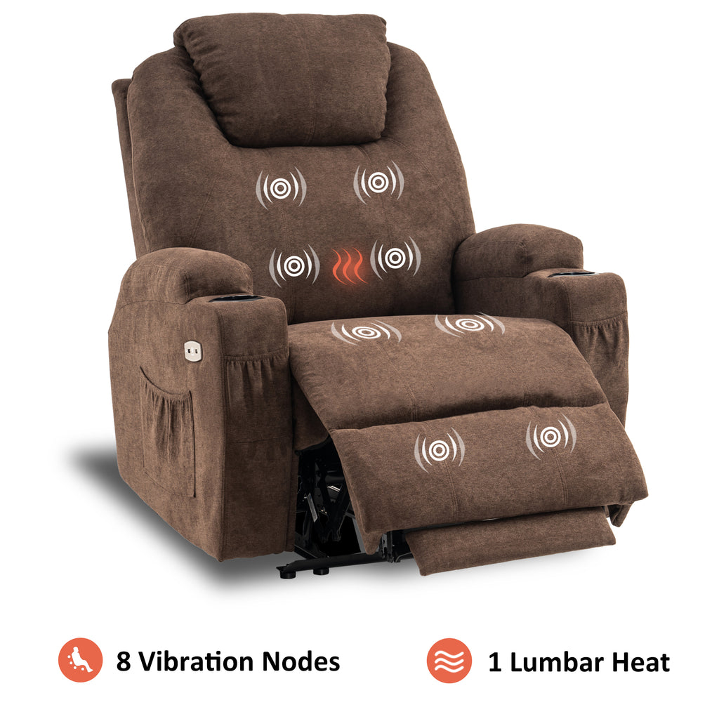 Mcombo Electric Power Recliner Chair with Massage and Heat, Extended Footrest, USB Ports, 2 Side Pockets, Cup Holders, Faux Leather 8015 (Dark Brown)