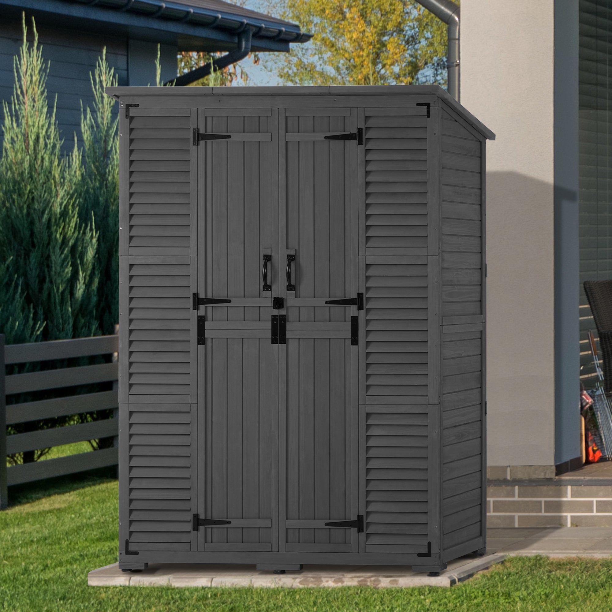 MCombo Large Outdoor Storage Shed with 6 Shelves, Outside Tool Wooden Storage Cabinet with Double Lockable Doors, Oversize Garden Tool Shed with Waterproof Asphalt Roof for Patio Yard Lawn , 1738