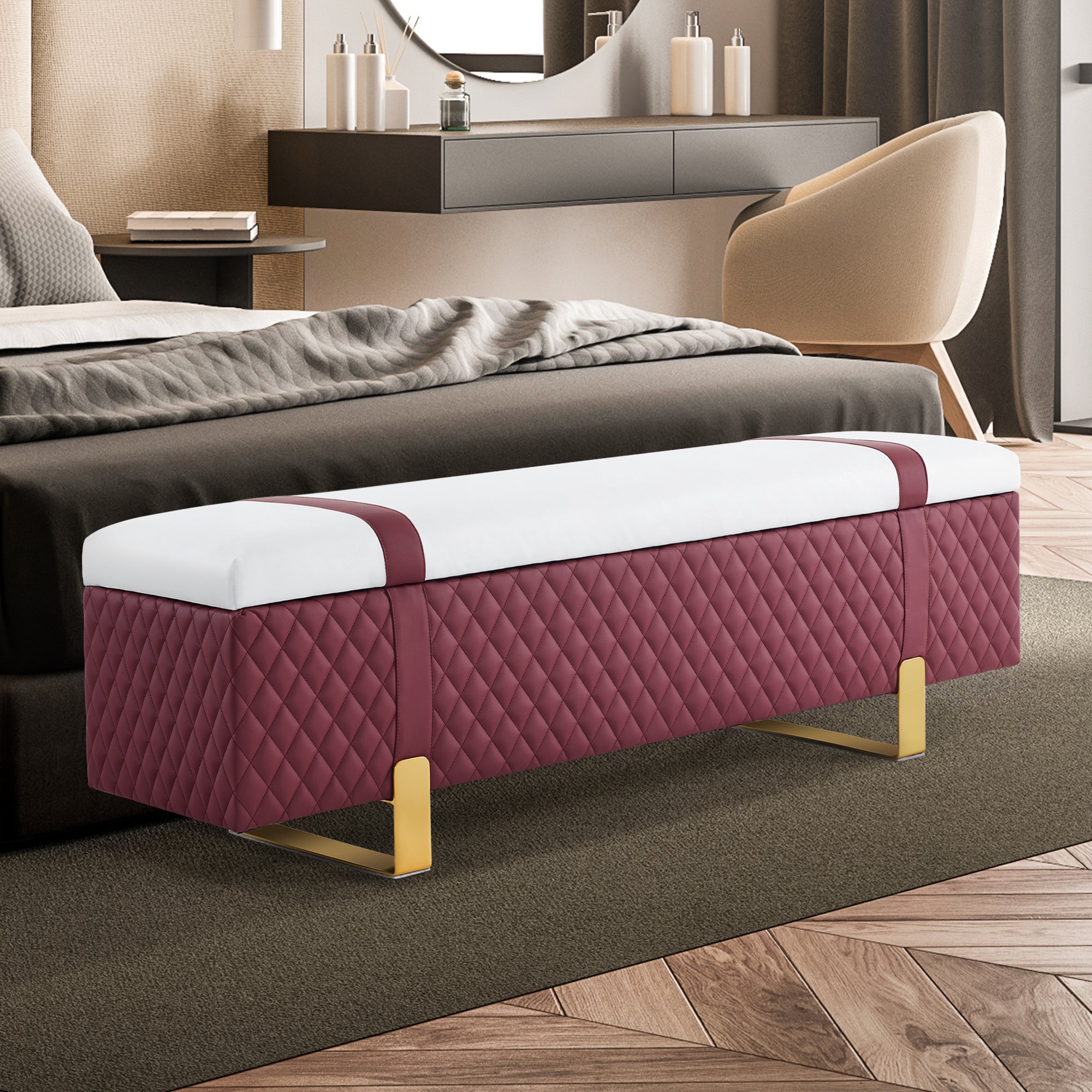 MCombo Modern Storage Ottoman Bench, Faux Leather Upholstered Footstool with Storage Space, Bed End Bench for Bedroom, Living Room, Entryway W463