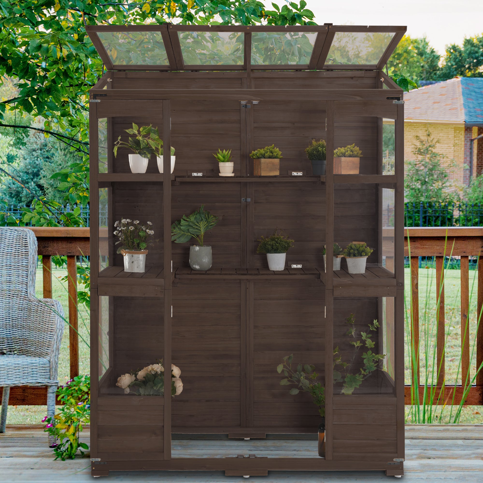 Mcombo Wooden Greenhouse, Walk-in Outdoor Greenhouse with Openable Roof and Lockable Door, 0899