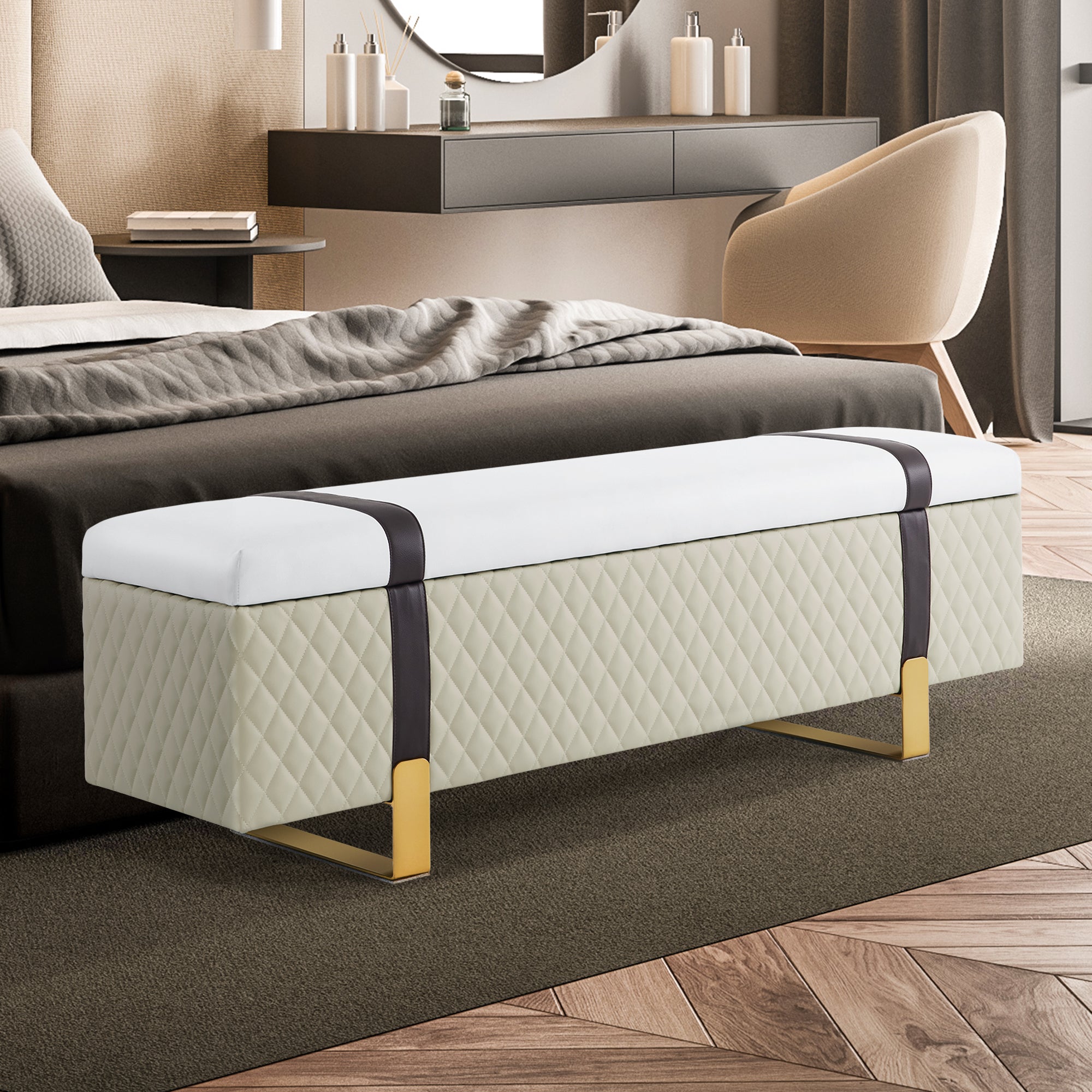 MCombo Modern Storage Ottoman Bench, Faux Leather Upholstered Footstool with Storage Space, Bed End Bench for Bedroom, Living Room, Entryway W463