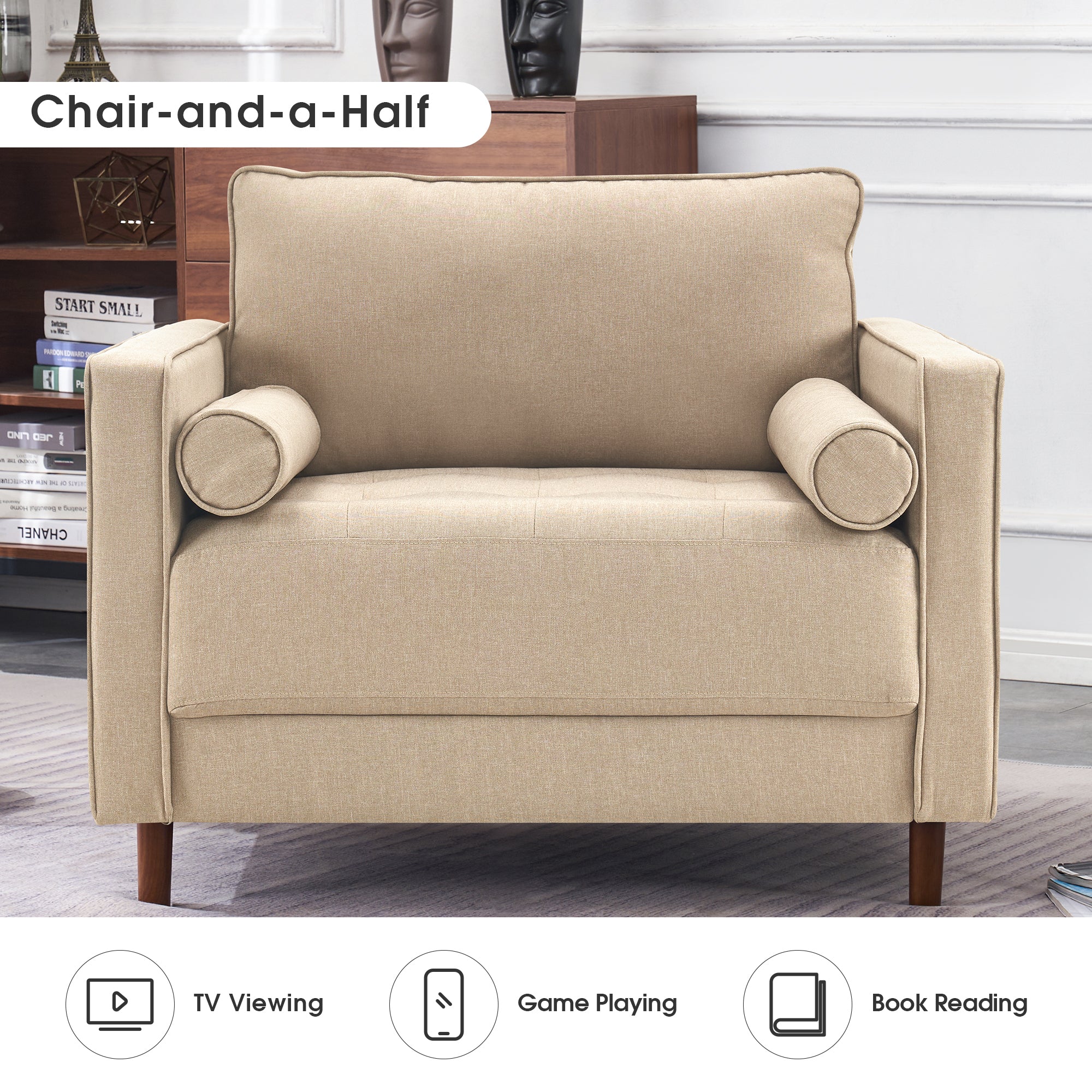 Mcombo Mid-Century Oversized Accent Chair and A Half, Linen Lounge Sofa Couch with Pillows, Large Club Armchair for Living Room Bedroom LW852