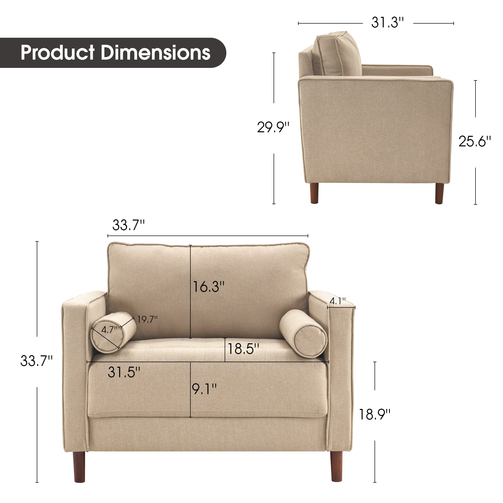 Mcombo Mid-Century Oversized Accent Chair and A Half, Linen Lounge Sofa Couch with Pillows, Large Club Armchair for Living Room Bedroom LW852