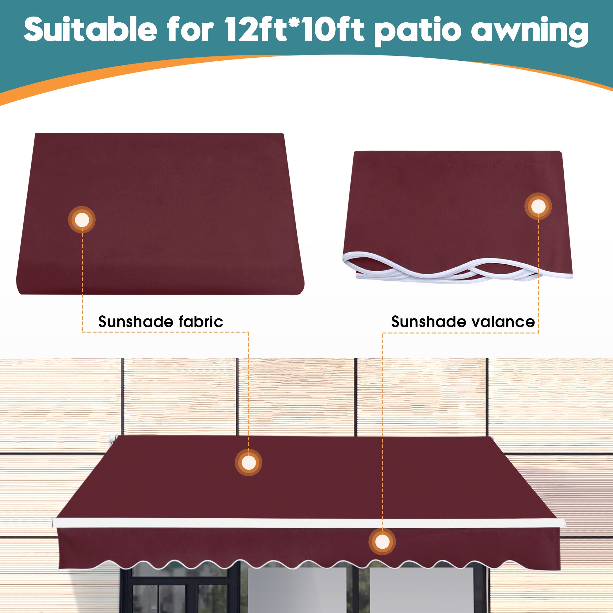 MCombo Patio Awning 10x8 /12x10 /13x8 Feet Fabric Replacement Sunshade Canopy for Retractable Awnings