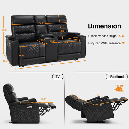 MCombo Power Reclining Loveseat Sofa with Adjustable Headrests and Console for Living Room, Home Theater Seating with USB & Type-C Ports, Armrest Storage HTS480