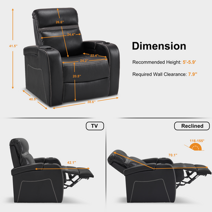 MCombo Power Recliner Chair with Adjustable Headrest, Home Theater Seating with USB Port, LED Light & Armrest Storage, Electric Reclining Chair for Living Room HTS400