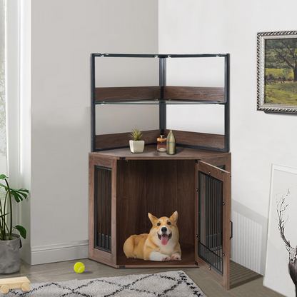 MCombo Corner Dog Crate Furniture with Glass Shelves, Wooden Dog Kennel Furniture with Door, Pet Crate Indoor Use, CN28