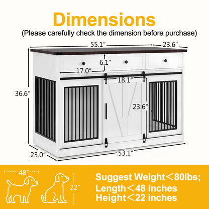 Dog Crate for Large Dog with Barn Door and 3 Drawers, GC55