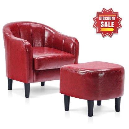 MCombo Accent Club Chair, Barrel Chair with Ottoman, Faux Leather Arm Chair for Living Room Bedroom, Small Space 4022