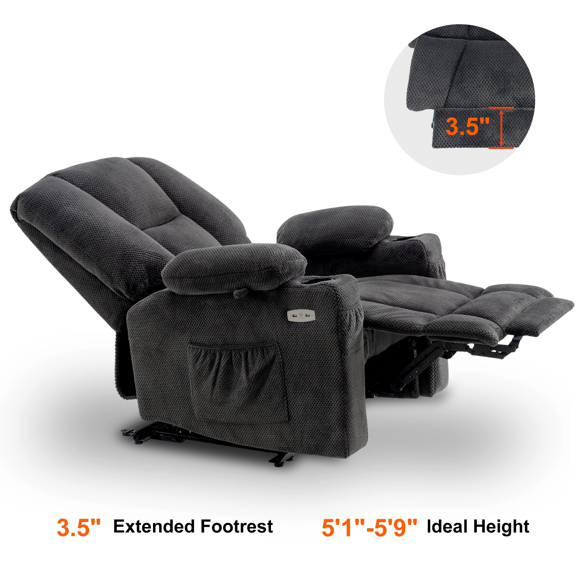 Mcombo Electric Power Recliner Chair with Massage & Heat, Extended Footrest, USB Ports, 2 Side Pockets, Cup Holders, Plush Fabric 8015