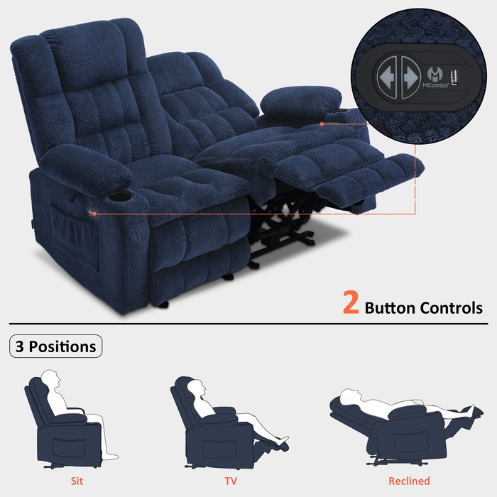 MCombo Power Loveseat Recliner, Electric Reclining Loveseat Sofa with Heat and Vibration, Cupholders, USB Charge Ports for Living Room 6160-RS6314