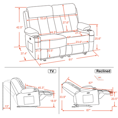 Mcombo Leather Power Loveseat Recliner, Electric Reclining Loveseat Sofa with Heat and Massage, Cup Holders, USB Charge Port for Living Room.6160- 6075