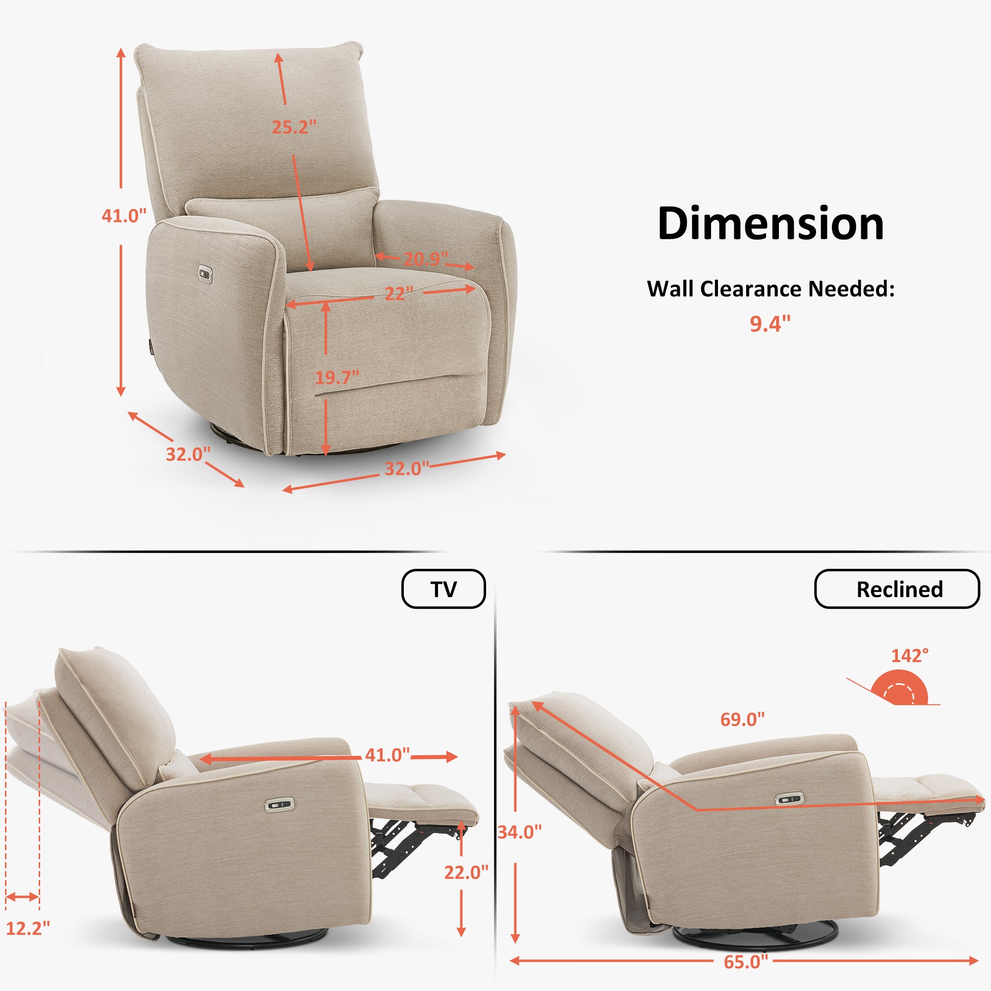 MCombo Power Swivel Glider Recliner Chair, Electric Rocker Recliner Chairs with USB Charging Ports for Living Room and Nursery, Fabric 6160-6922
