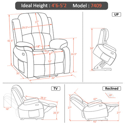 Power Lift Recliner Chair for Elderly, Massage and Heat, Faux Leather 7408|7409|R7410