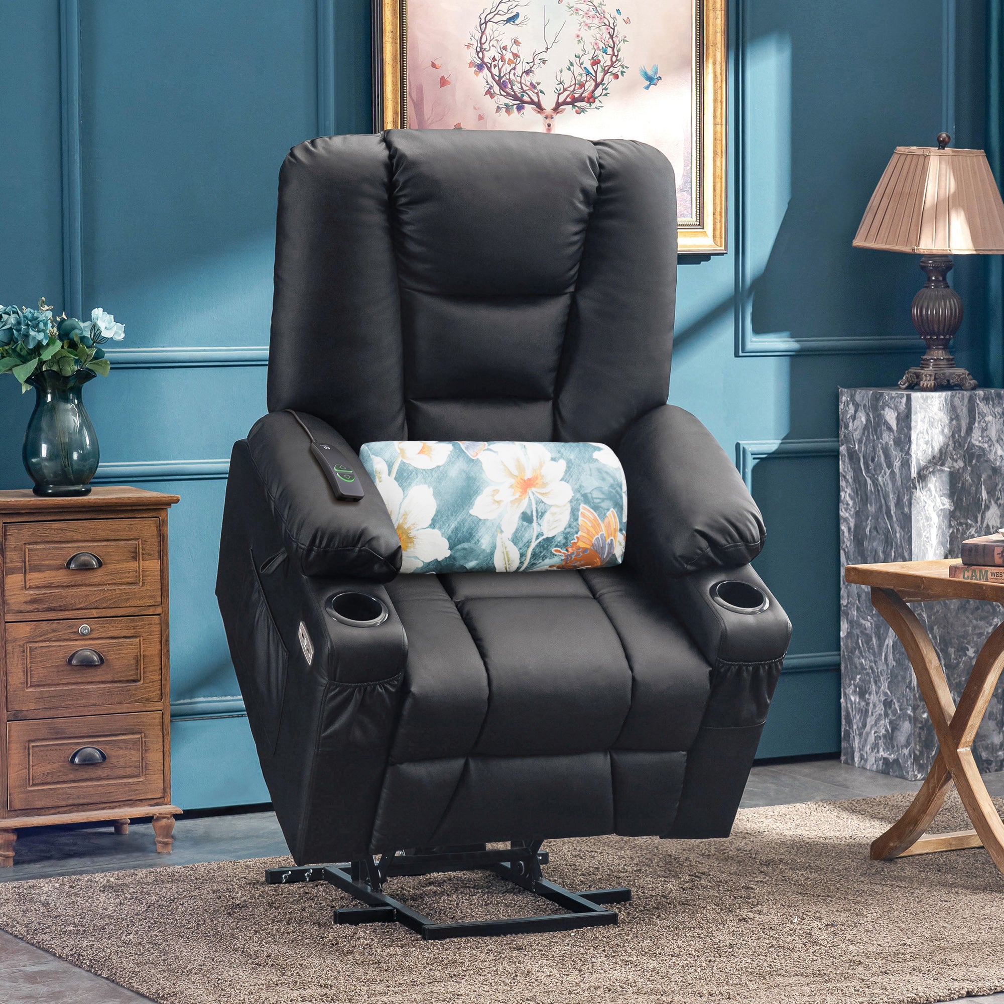 MCombo Power Lift Recliner Chair with Massage and Heat for Elderly, Extended Footrest, 3 Positions, Cup Holders, USB Ports, Faux Leather 7519 Series