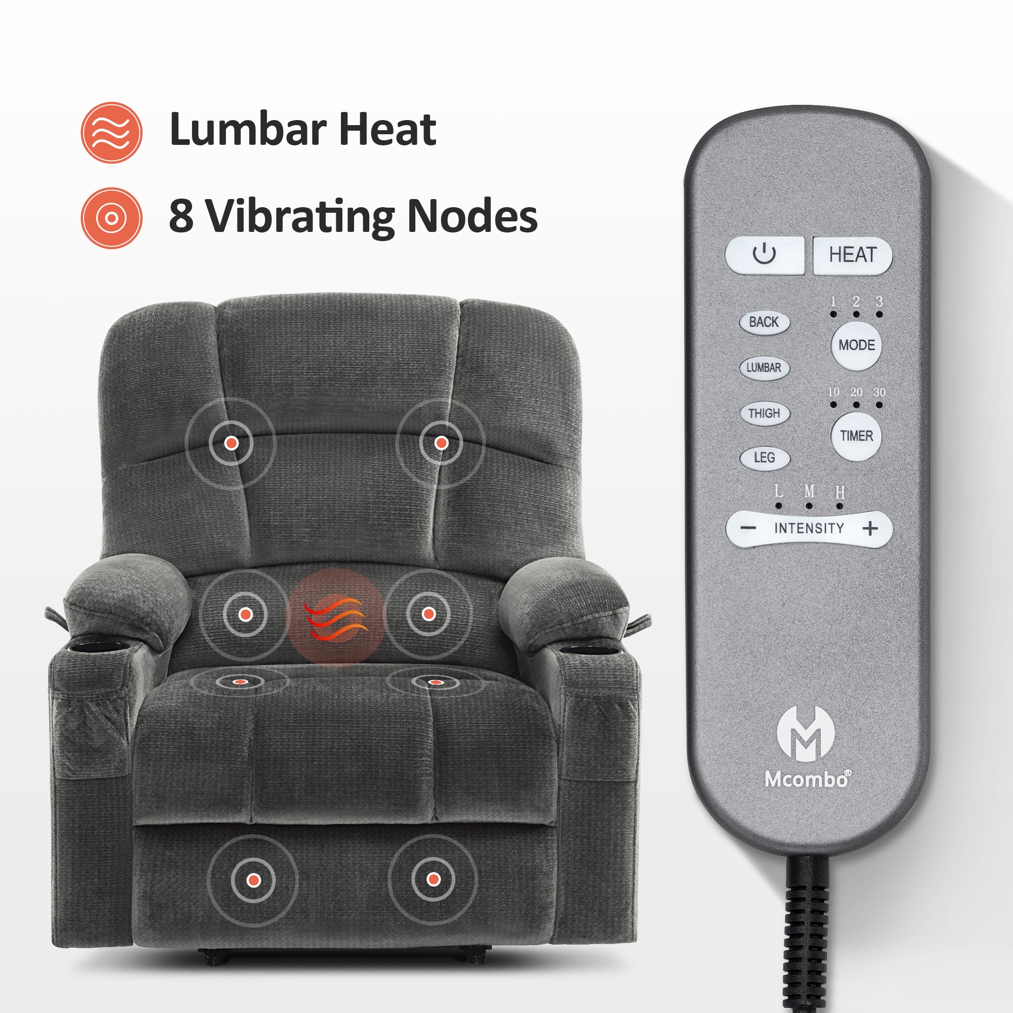 MCombo Dual Motor Power Lift Recliner Chair with Massage and Heat for Elderly People, Infinite Position, Home Button, Fabric 7680/7679