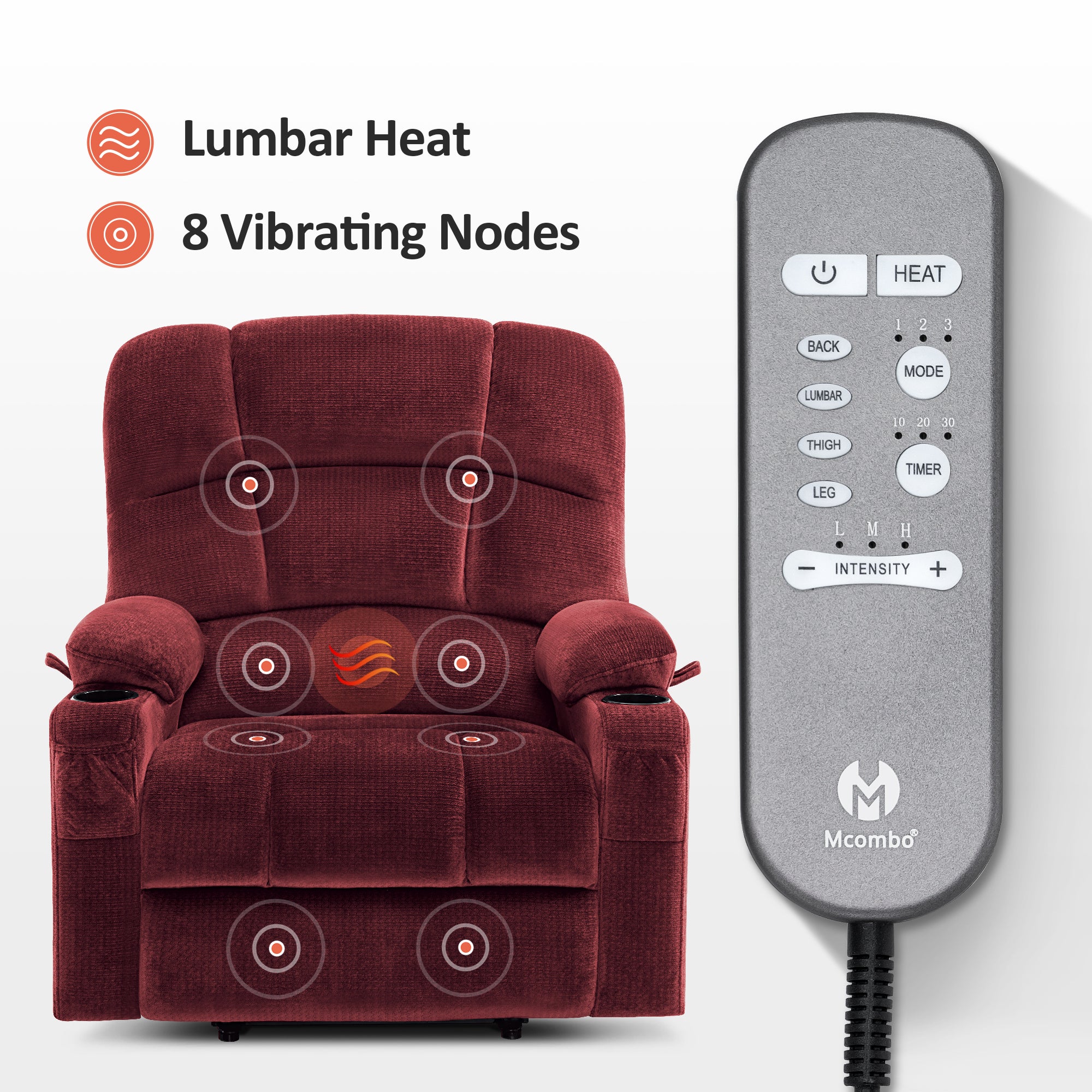 MCombo Dual Motor Power Lift Recliner Chair with Massage and Heat for Elderly People, Infinite Position, Home Button, Fabric 7680/7679