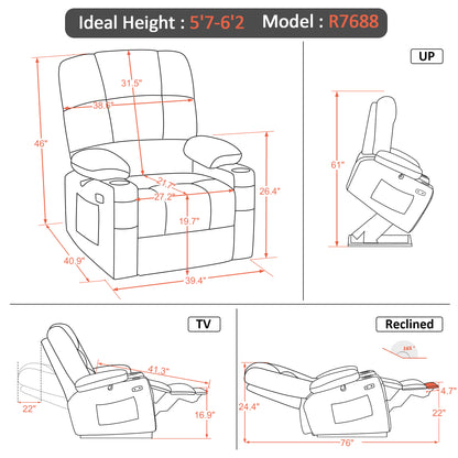 MCombo Dual Motor Power Lift Recliner Chair with Massage and Heat for Elderly People, Infinite Position, Home Button, Fabric 7680/7679