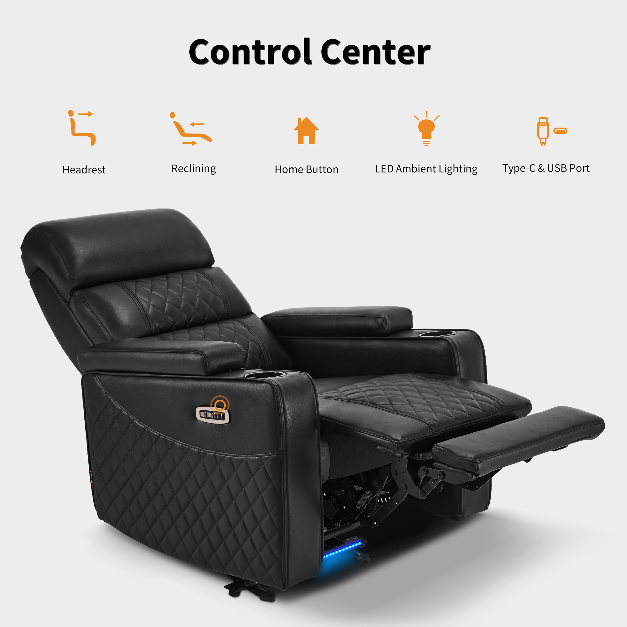 MCombo Power Recliner Chair with Adjustable Headrest for Living Room, Electric Reclining Sofa with USB & Type-C Port, Armrest Storage & LED Light HTS432