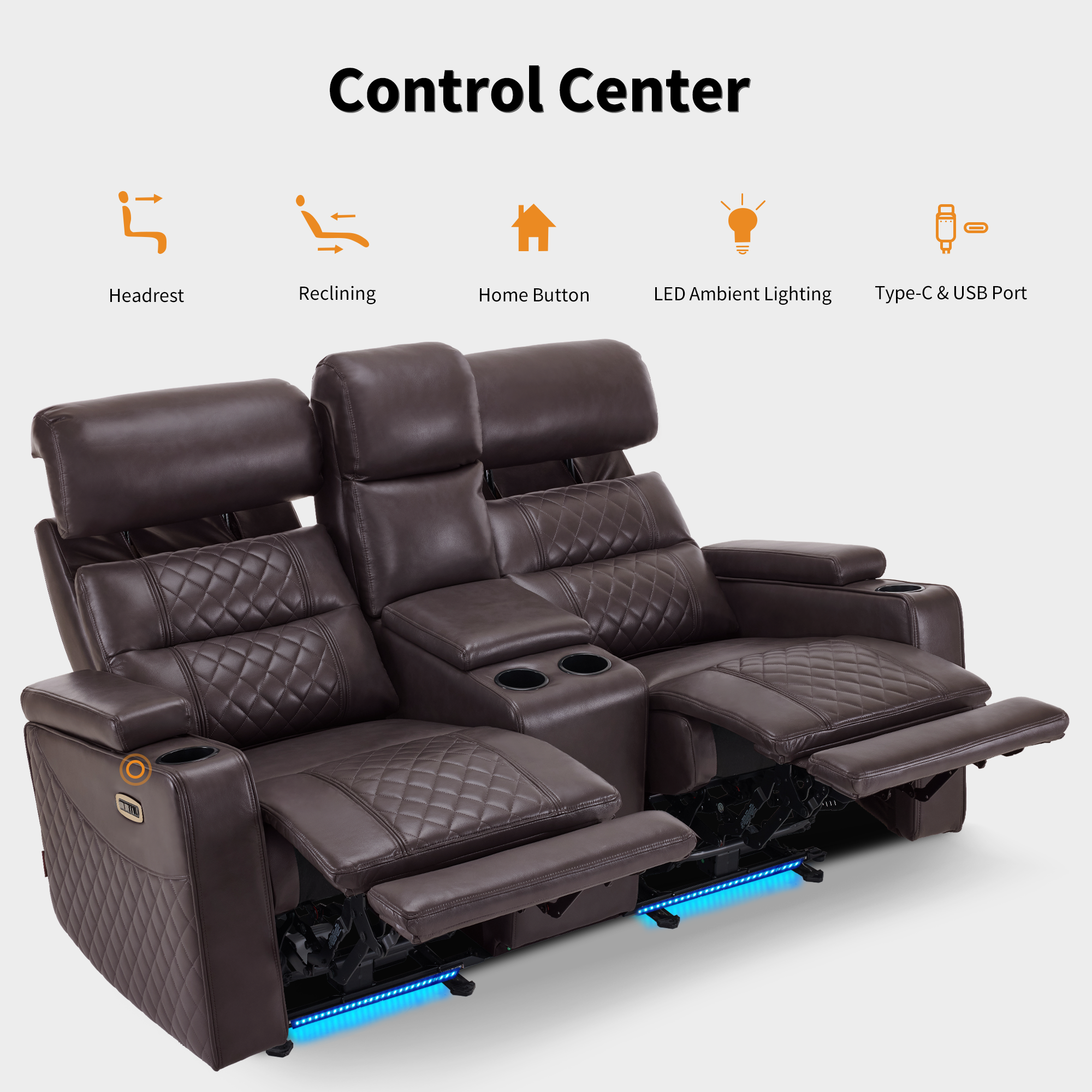 MCombo Power Reclining Loveseat Sofa with Adjustable Headrests and Console for Living Room, Home Theater Seating with USB & Type-C Ports, Armrest Storage HTS480