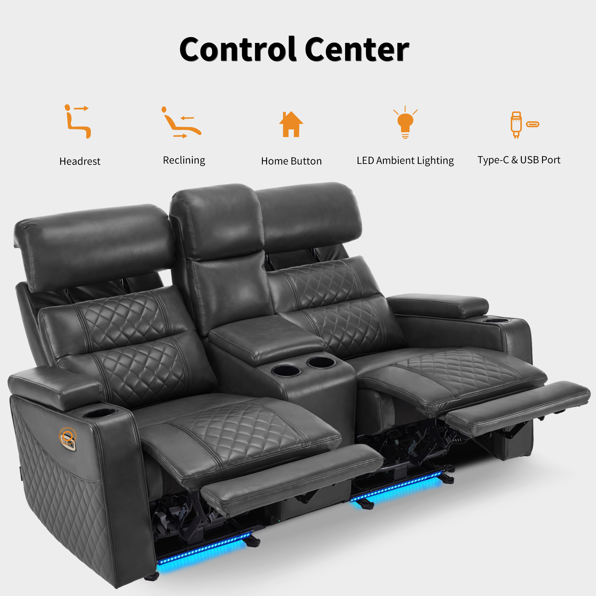 MCombo Power Reclining Loveseat Sofa with Adjustable Headrests and Console for Living Room, Home Theater Seating with USB & Type-C Ports, Armrest Storage HTS480