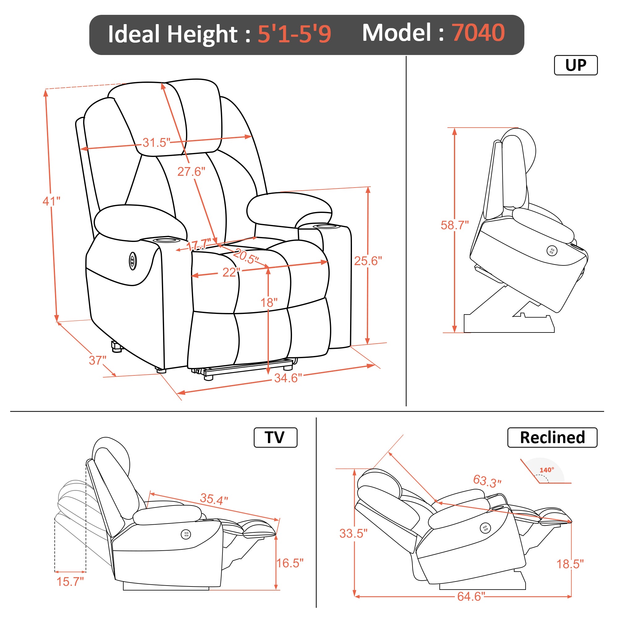 MCombo Electric Power Lift Recliner Chair Sofa with Massage and Heat for Elderly, 3 Positions, 2 Side Pockets and Cup Holders, USB Ports, Fabric 7040 Series