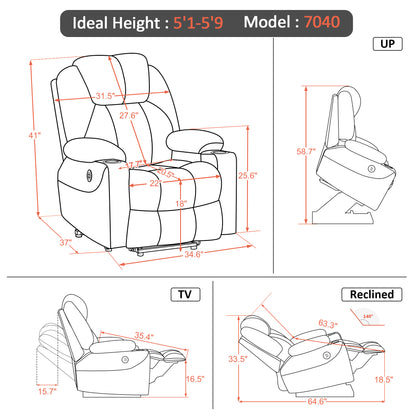 MCombo Power Lift Recliner Chair with Massage and Heat for Elderly, 3 Positions, 2 Side Pockets and Cup Holders, USB Ports, Faux Leather 7040 Series