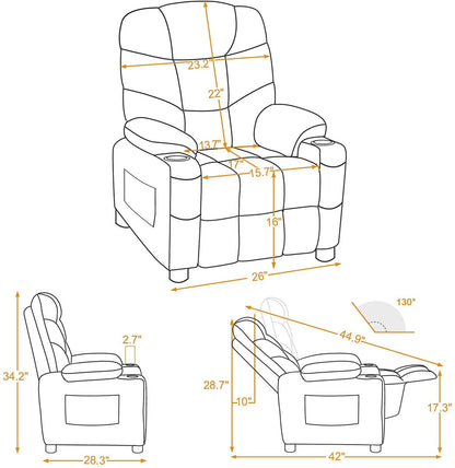 MCombo Big Kids Recliner Chair with Cup Holders for Boys and Girls Room, 2 Side Pockets, 3+ Age Group,Velvet Fabric 7355/7366