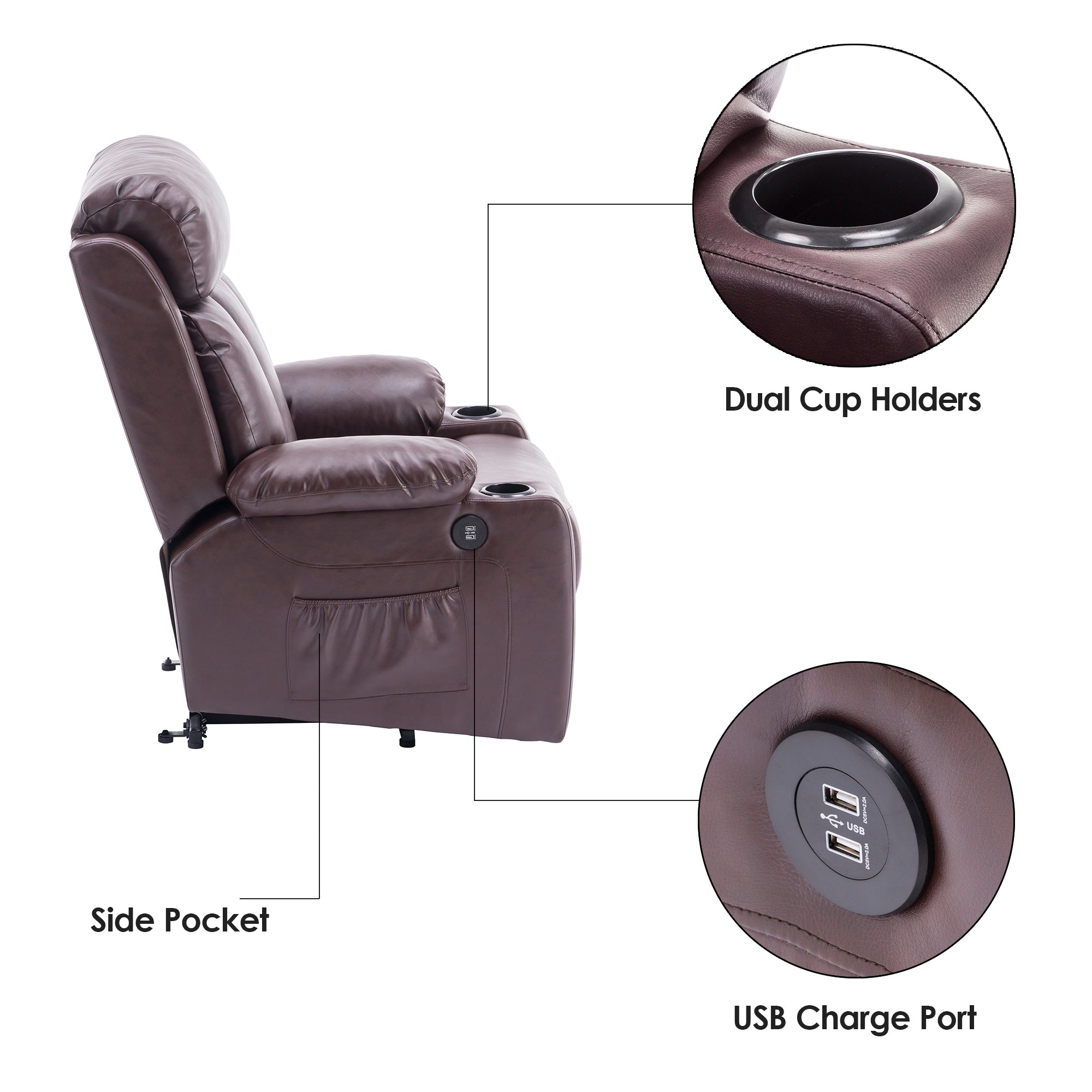 MCombo Large Power Lift Recliner Chair Sofa, without Extended Footrest, Faux Leather, Dark Brown 7406