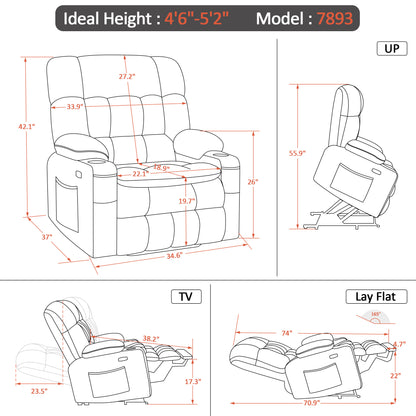 MCombo Dual Motor Power Lift Recliner Chair with Massage and Heat for Elderly People, Infinite Position, USB Ports, Cup Holders, Extended Footrest, Fabric, 7890 Series