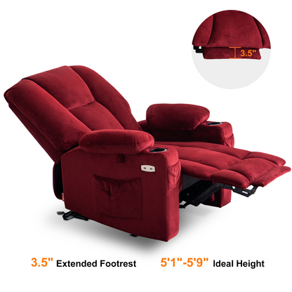 Mcombo Electric Power Recliner Chair with Massage & Heat, Extended Footrest, USB Ports, 2 Side Pockets, Cup Holders, Plush Fabric 8015