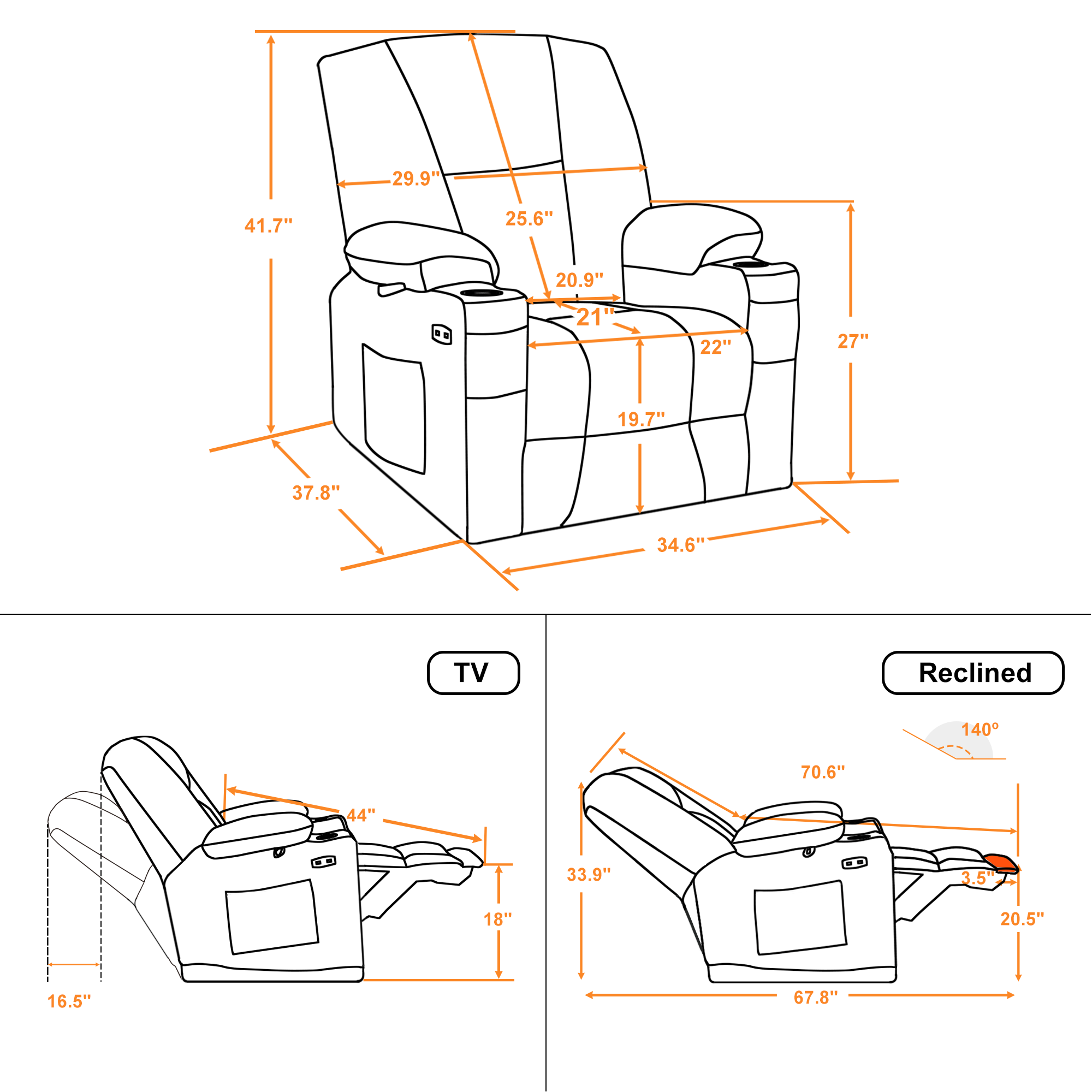 Mcombo Electric Power Recliner Chair with Massage & Heat, Extended Footrest, USB Ports, 2 Side Pockets, Cup Holders, Plush Fabric 8015