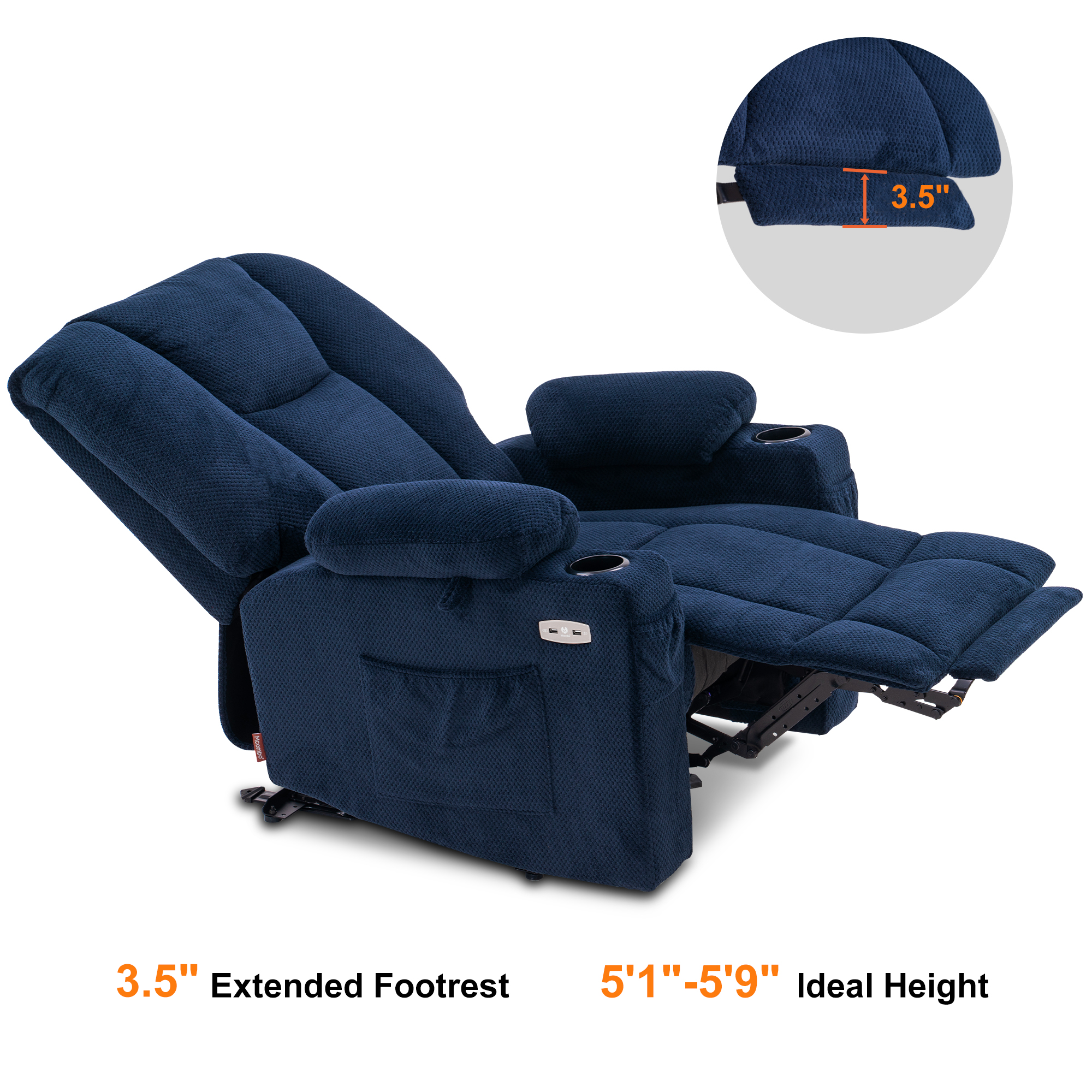 Mcombo Electric Power Recliner Chair with Massage & Heat, Extended Footrest, USB Ports, 2 Side Pockets, Cup Holders, Plush Fabric 8015