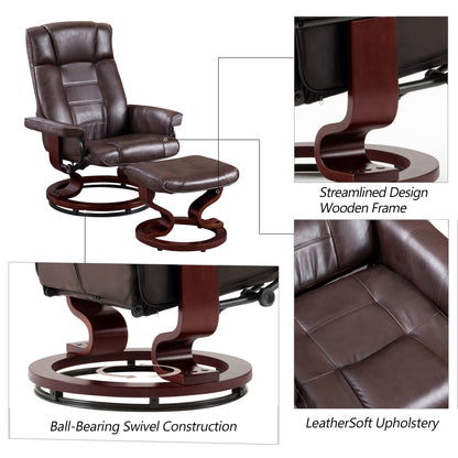 MCombo Swiveling Recliner Chair with Wrapped Wood Base and Matching Ottoman Footrest, Furniture Casual Chair, Faux Leather 9019