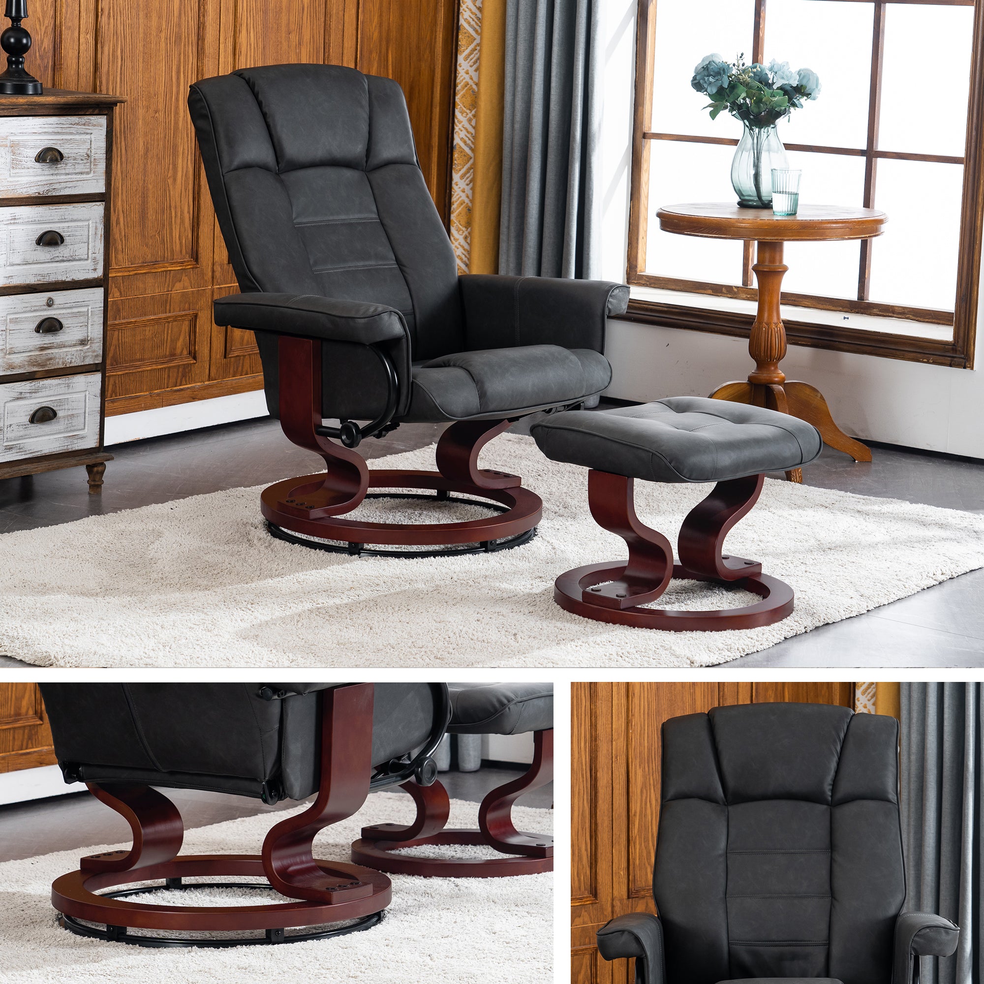 MCombo Swiveling Recliner Chair with Wrapped Wood Base and Matching Ottoman Footrest, Furniture Casual Chair, Faux Leather 9019