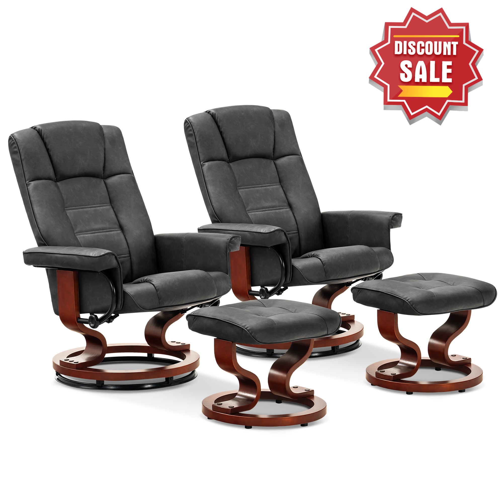 MCombo Swiveling Recliner Chair with Wrapped Wood Base and Matching Ottoman Footrest, Furniture Casual Chair, Faux Leather 9019