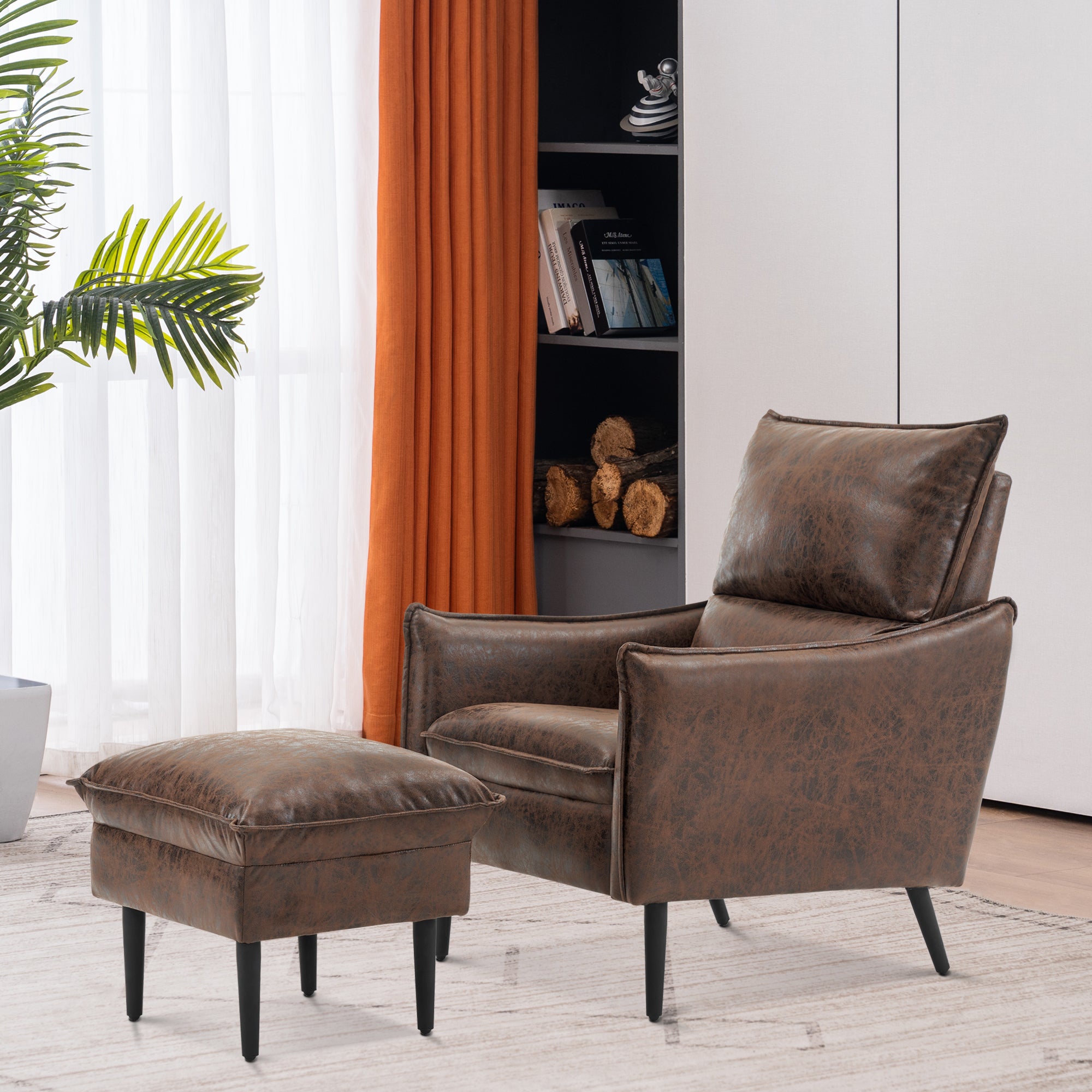 MCombo Accent Club Chair with Ottoman, Leathaire Fabric Armchair with Solid Steel Legs, Lounge Sofa Chairs for Living Reading Room Bedroom 4156