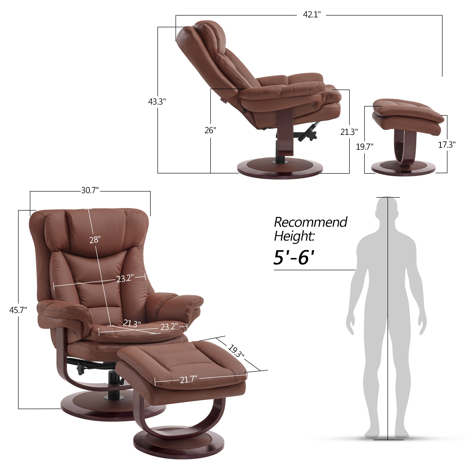 MCombo Swivel Recliner with Ottoman, Reclining Chair with Adjustable Back, Faux Leather Upholstered Lounge Chair for Living Room Bedroom Office 4651