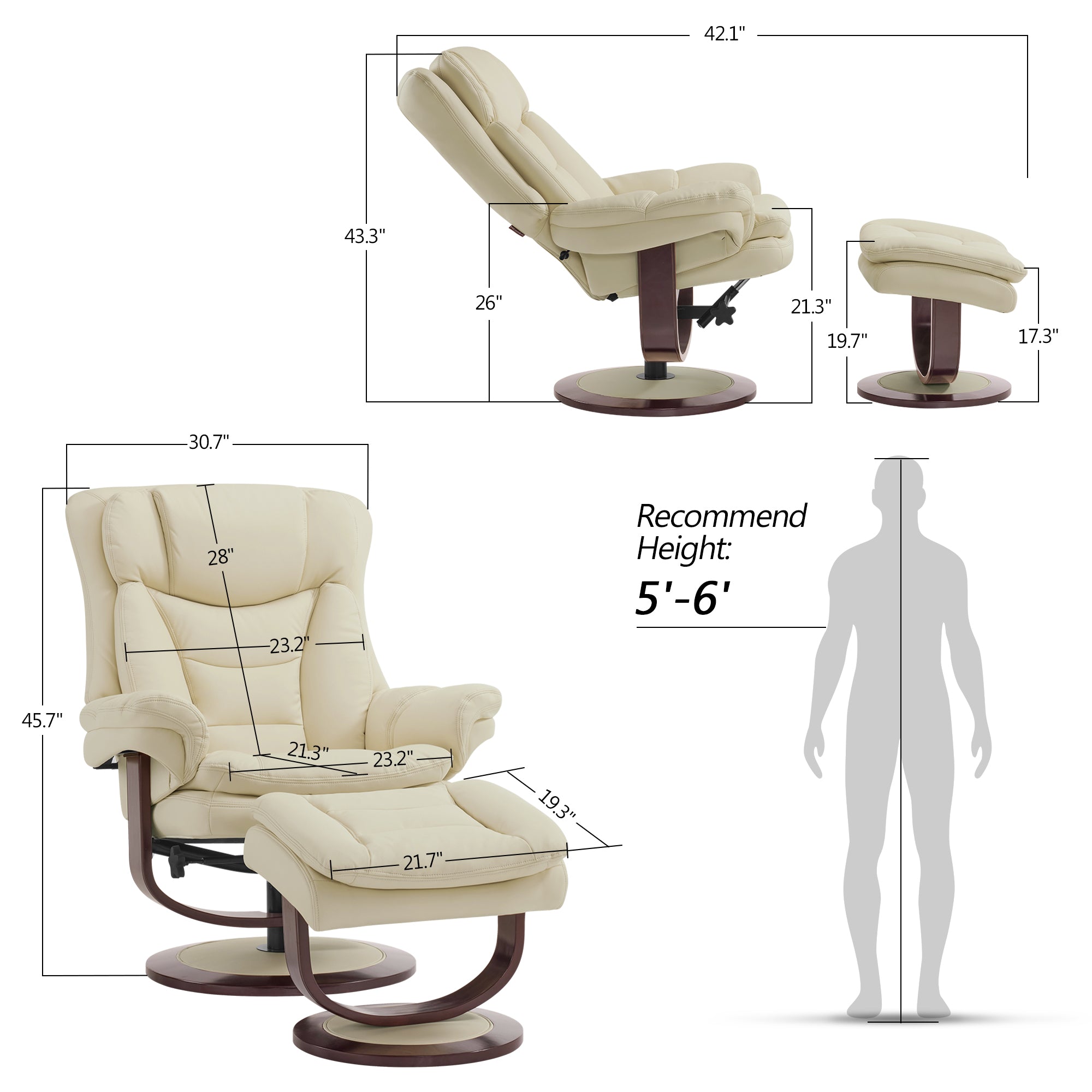 MCombo Swivel Recliner with Ottoman, Reclining Chair with Adjustable Back, Faux Leather Upholstered Lounge Chair for Living Room Bedroom Office 4651