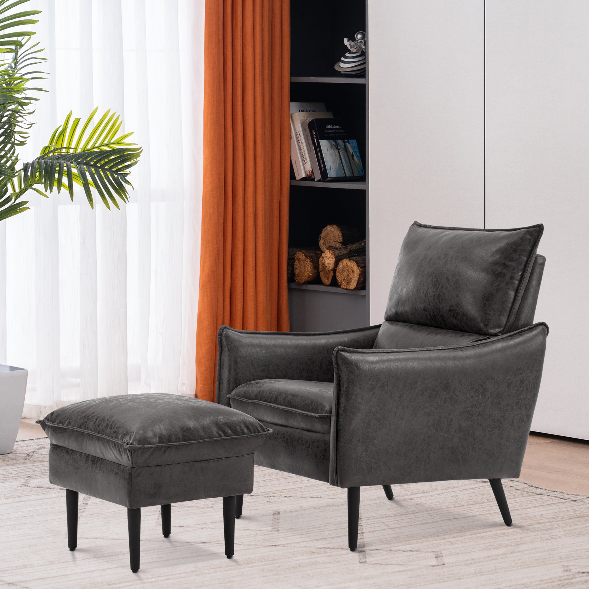 MCombo Accent Club Chair with Ottoman, Leathaire Fabric Armchair with Solid Steel Legs, Lounge Sofa Chairs for Living Reading Room Bedroom 4156