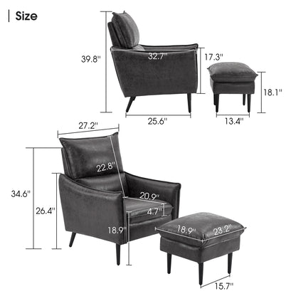 MCombo Accent Club Chair with Ottoman, Leathaire Fabric Armchair with Solid Steel Legs, Lounge Sofa Chairs for Living Reading Room Bedroom 4156