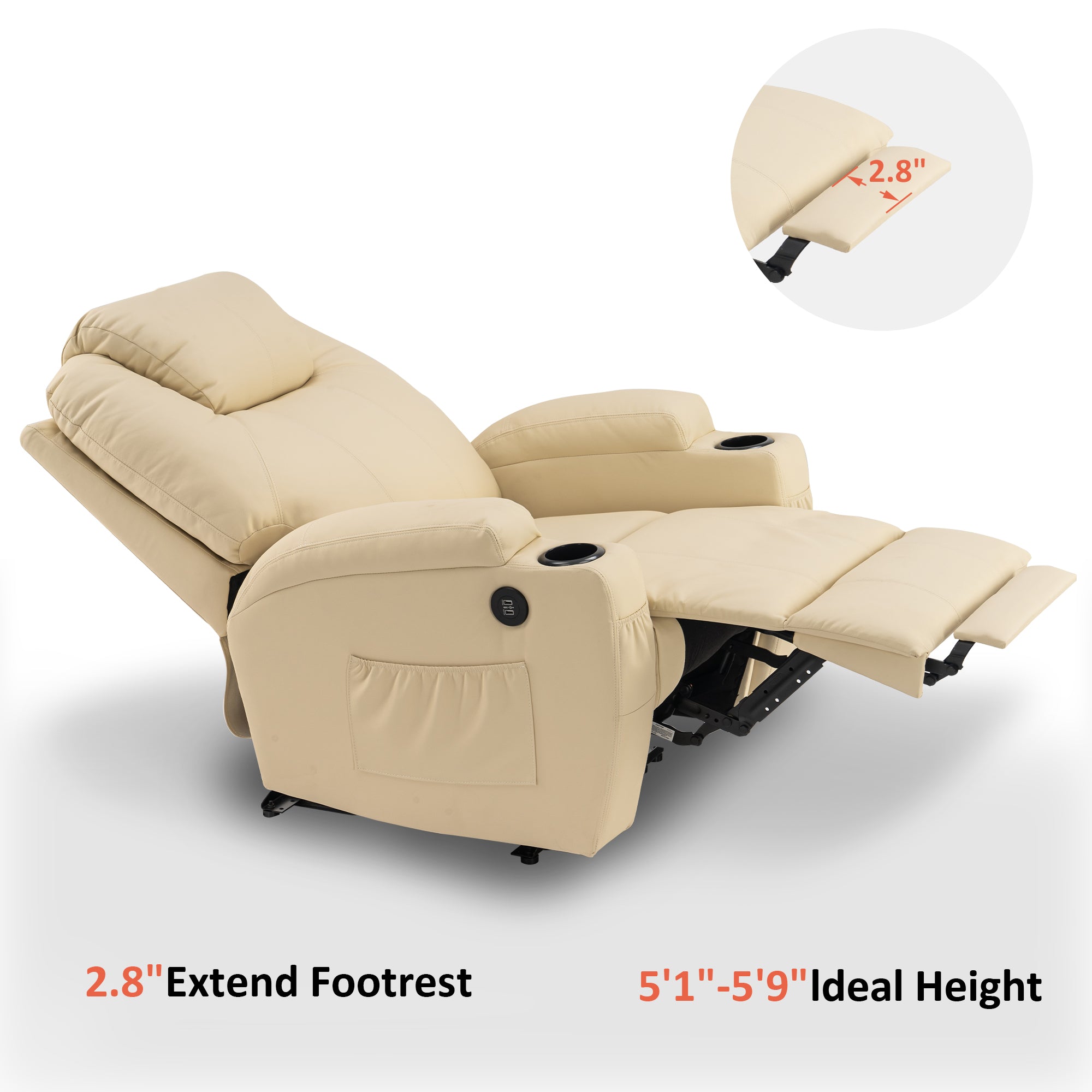 Mcombo Electric Power Recliner Chair with Massage and Heat, 2 Positions, USB Charge Ports, 2 Side Pockets and Cup Holders, Faux Leather 7050