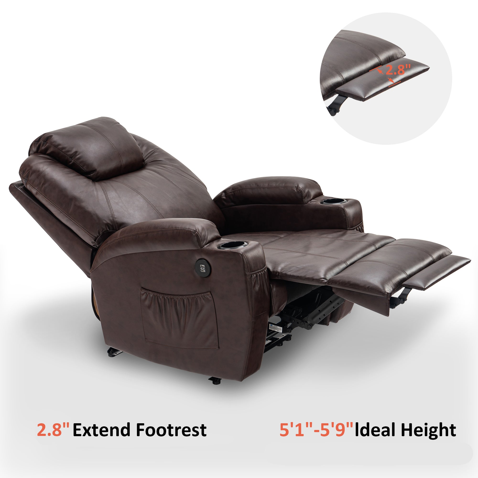 Mcombo Electric Power Recliner Chair with Massage and Heat, 2 Positions, USB Charge Ports, 2 Side Pockets and Cup Holders, Faux Leather 7050