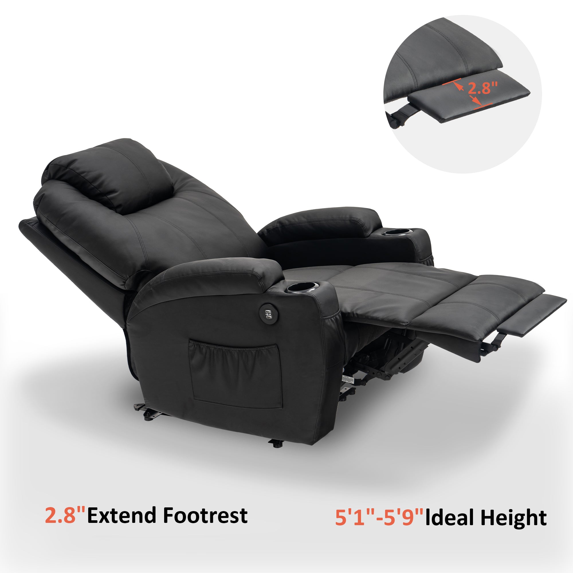 Mcombo Electric Power Recliner Chair with Massage and Heat, 2 Positions, USB Charge Ports, 2 Side Pockets and Cup Holders, Faux Leather 7050