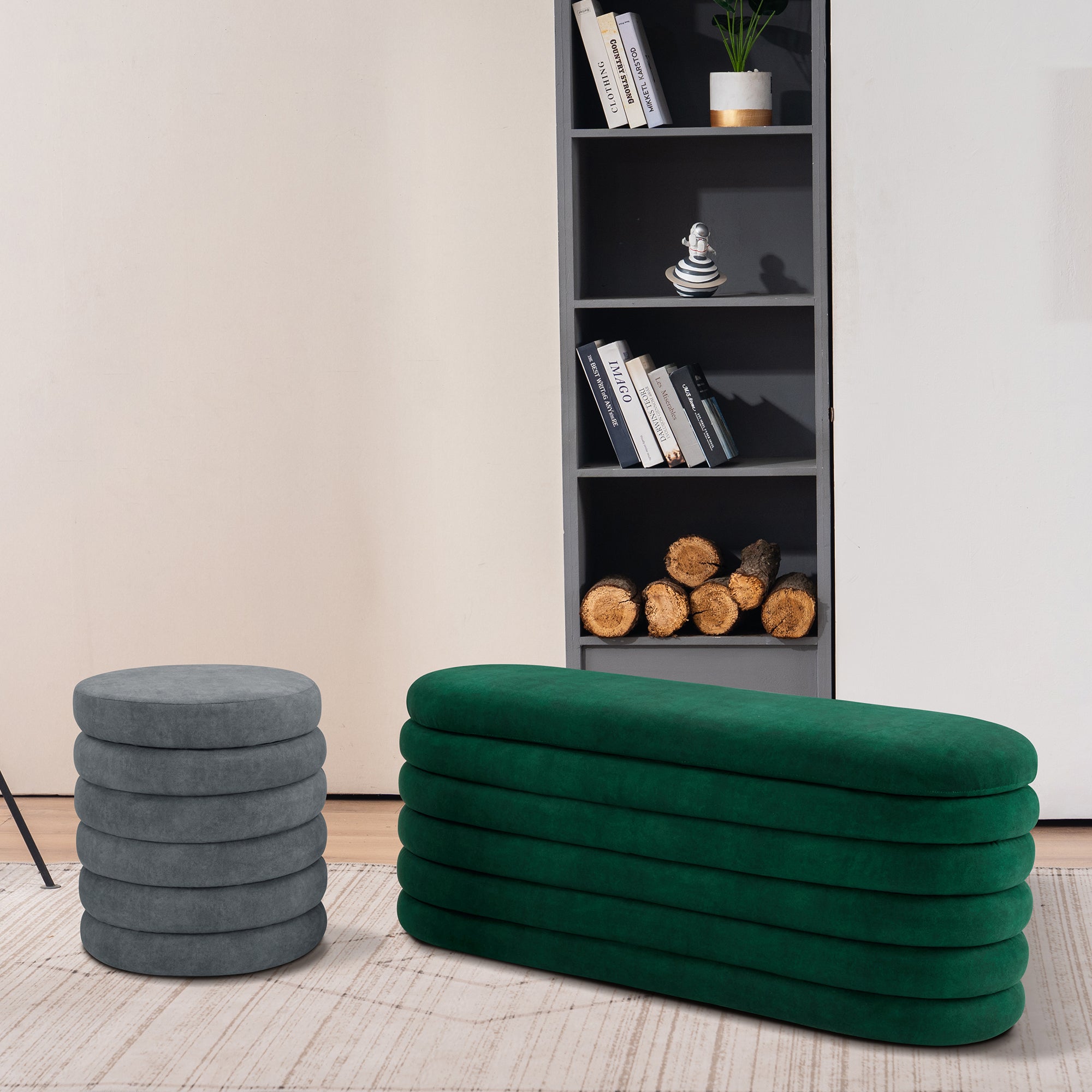 MCombo Storage Ottoman Bench, Upholstered Fabric End of Bed Bench with Storage, 47’’ Oval Footstool or Round Folding Footrest for Bedroom, Living Room, Entryway W495/W496