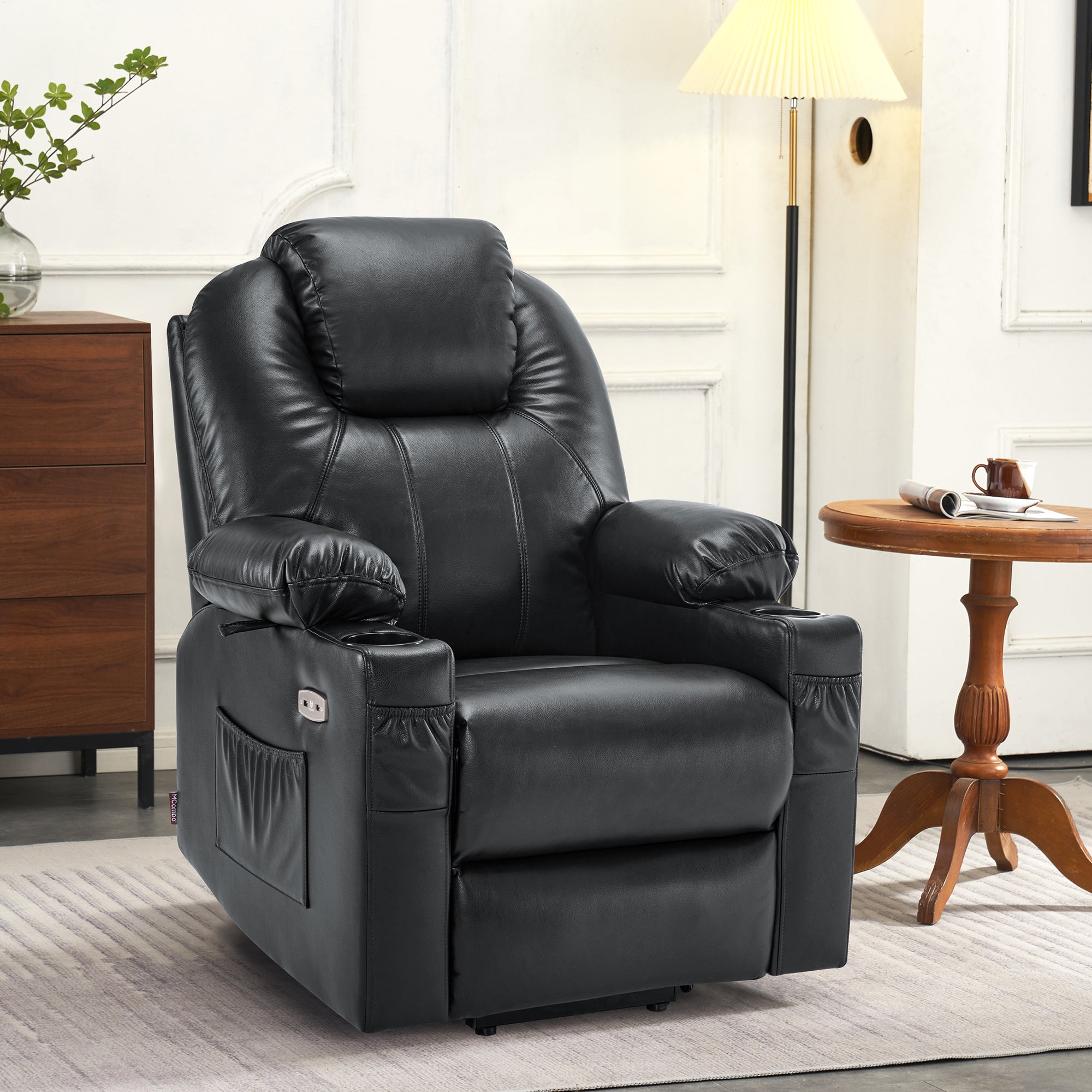 MCombo Power Lift Recliner Chair with Massage and Heat for Elderly, 3 Positions, 2 Side Pockets and Cup Holders, USB Ports, Faux Leather 7040 Series