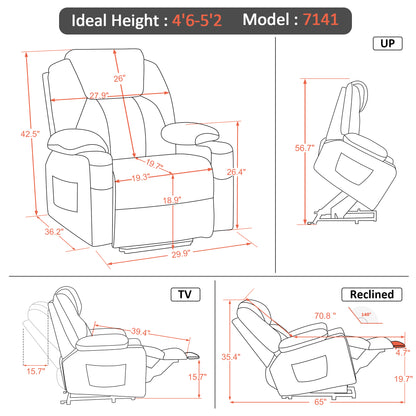 MCombo Power Lift Recliner Chair with Massage and Heat for Elderly, 3 Positions, 2 Side Pockets and Cup Holders, USB Ports, Faux Leather 7040 Series