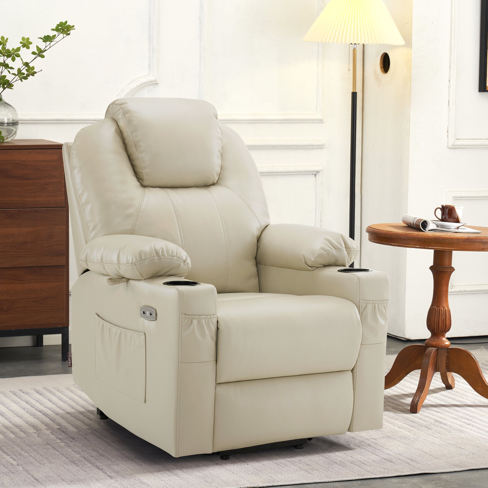 MCombo Power Lift Recliner Chair with Massage and Heat for Elderly, 3 Positions, 2 Side Pockets and Cup Holders, USB Ports, Faux Leather 7040 Series