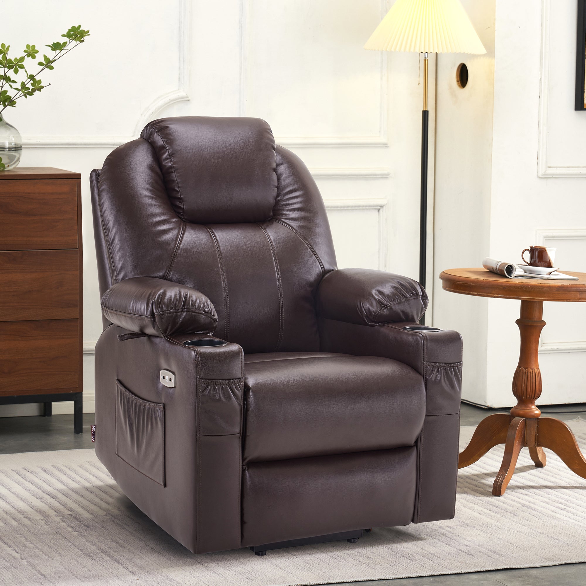 MCombo Power Lift Recliner Chair with Massage and Heat for Elderly, 3 Positions, 2 Side Pockets and Cup Holders, USB Ports, Faux Leather 7040 Series